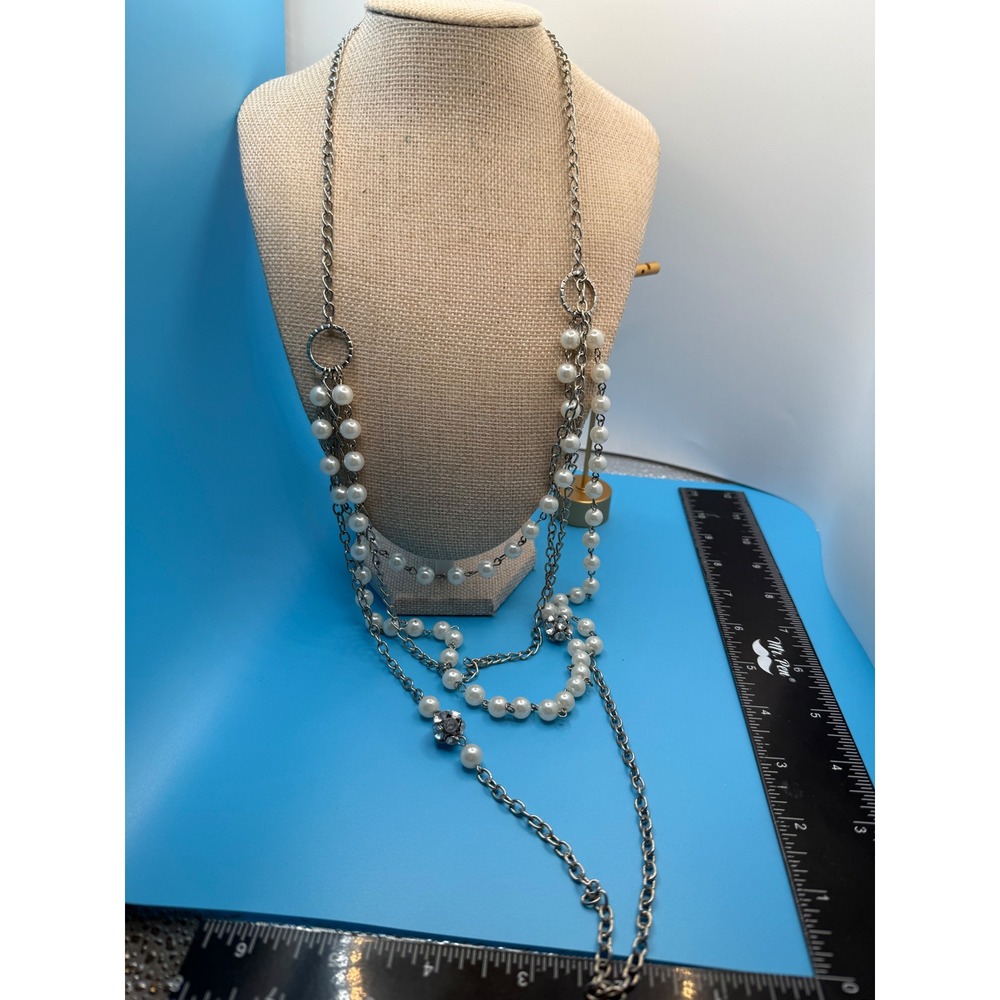 Silver Tone Multi Strand Faux Pearl Layered‎ Necklace Rhinestone Charms 34 Inch
